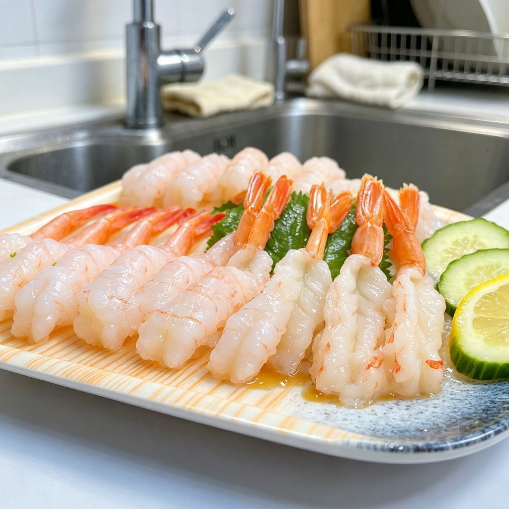 Rows of peeled Arctic sweet shrimp arranged on a chilled tray