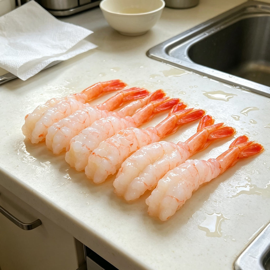 Rows of peeled Arctic sweet shrimp arranged on a chilled tray