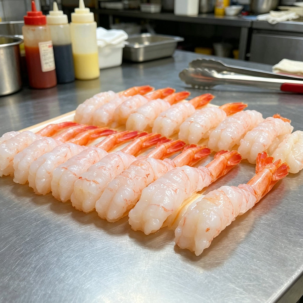 Rows of peeled Arctic sweet shrimp arranged on a chilled tray
