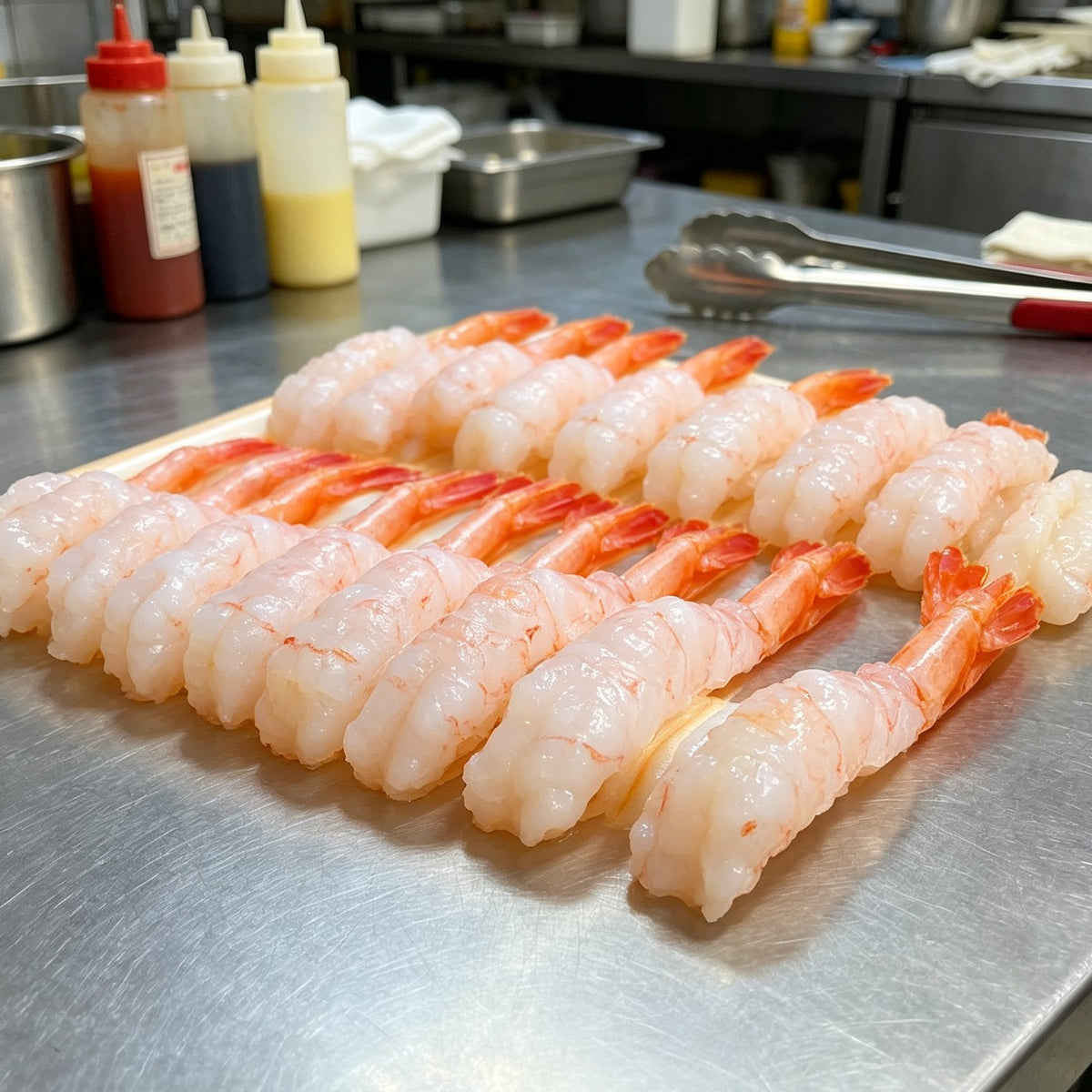 Rows of peeled Arctic sweet shrimp arranged on a chilled tray