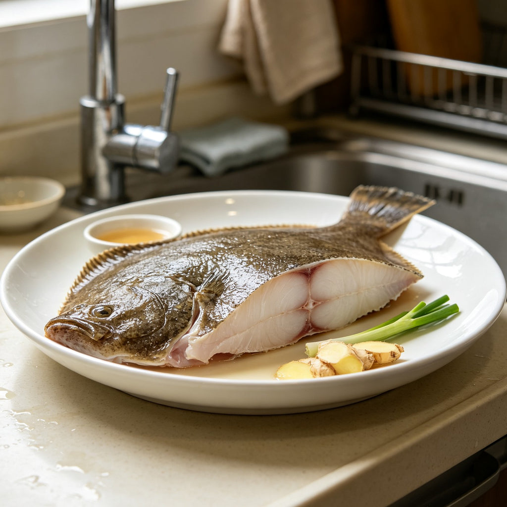 Whole flounder plated with ginger and spring onion