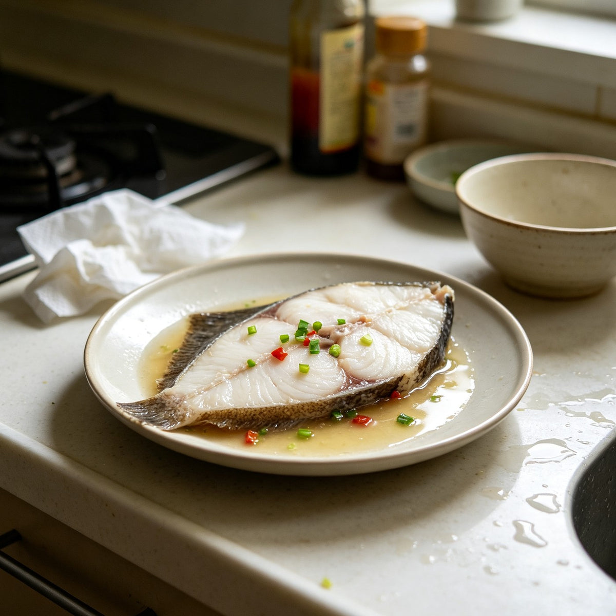 Whole flounder plated with ginger and spring onion