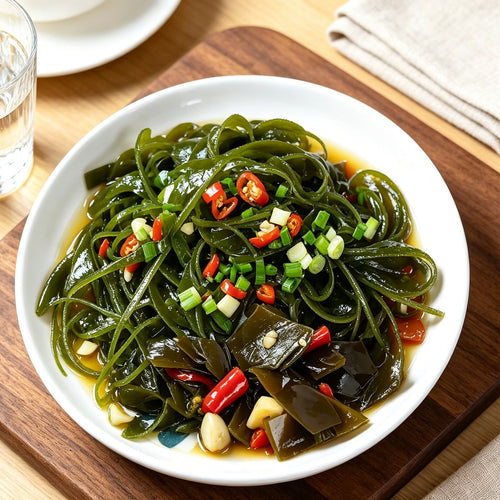 Seaweed salad dressed with chilli and spring onion in a white bowl