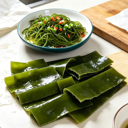 Seaweed salad dressed with chilli and spring onion in a white bowl