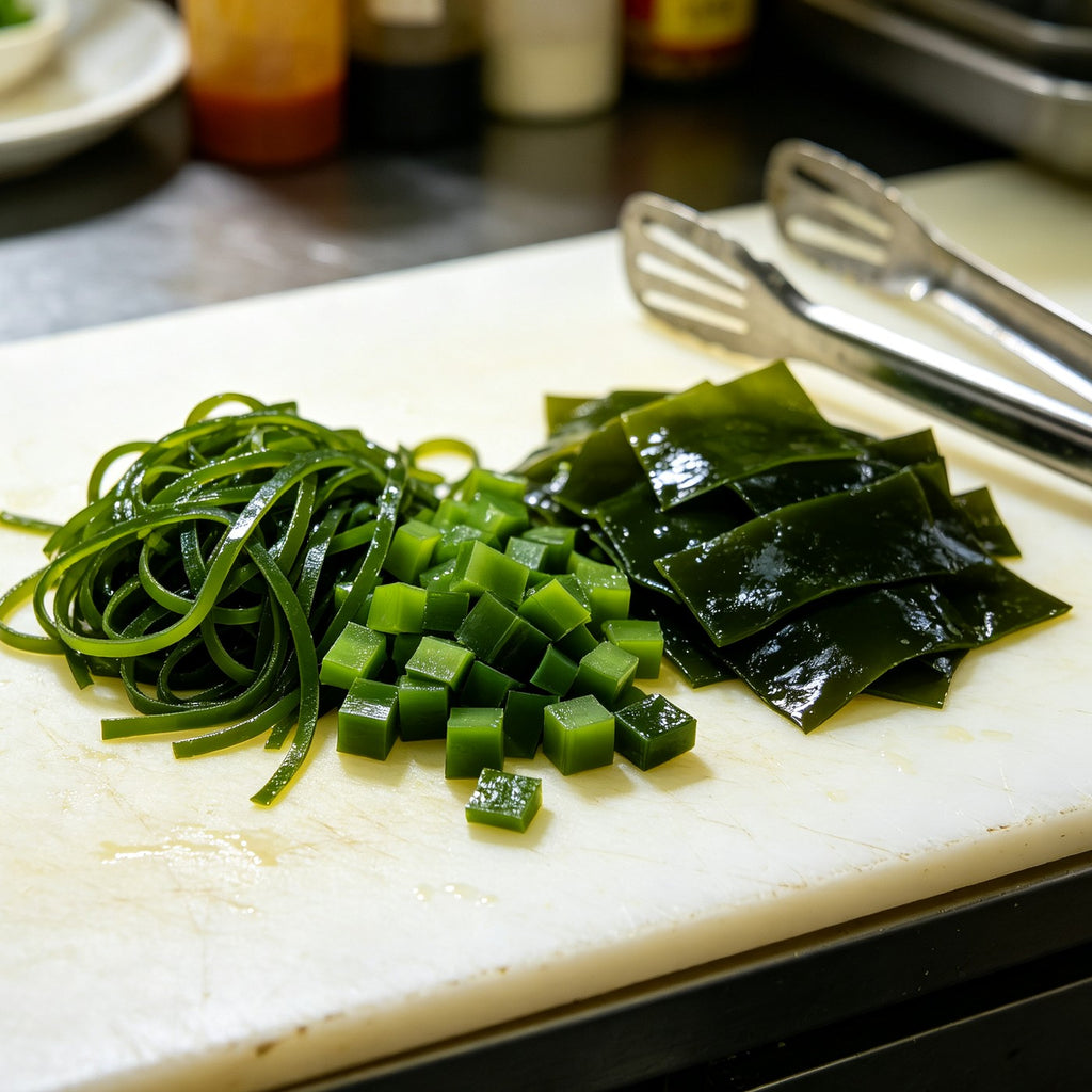 Seaweed salad dressed with chilli and spring onion in a white bowl