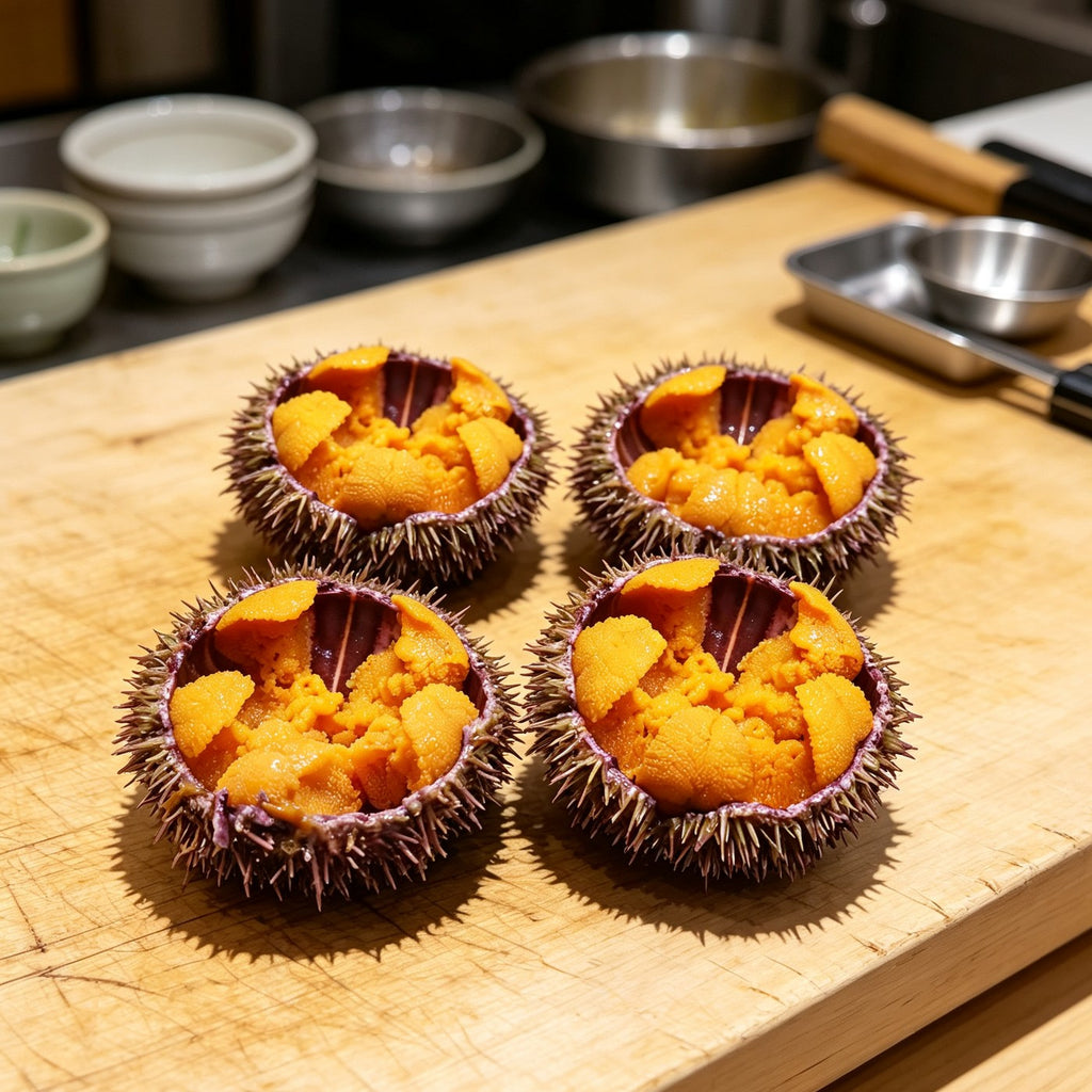 Whole sea urchins filled with deep orange roe