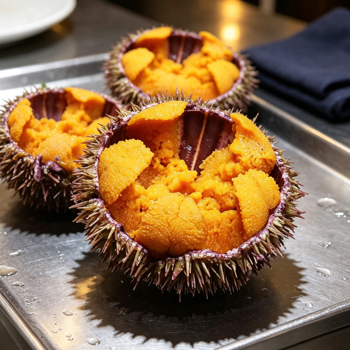 Whole sea urchins filled with deep orange roe