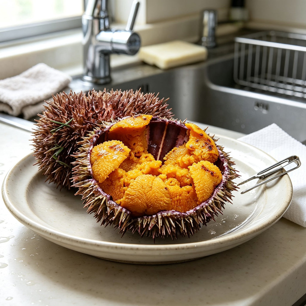 Whole sea urchins filled with deep orange roe