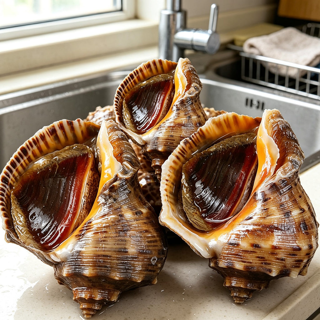 Large spiral sea snail shells arranged on a wooden board
