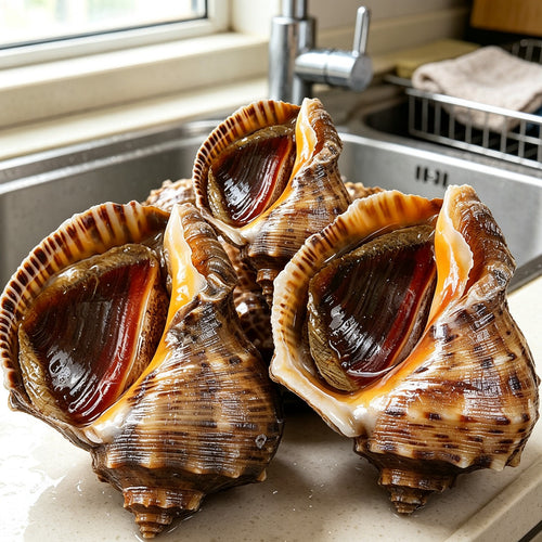 Large spiral sea snail shells arranged on a wooden board