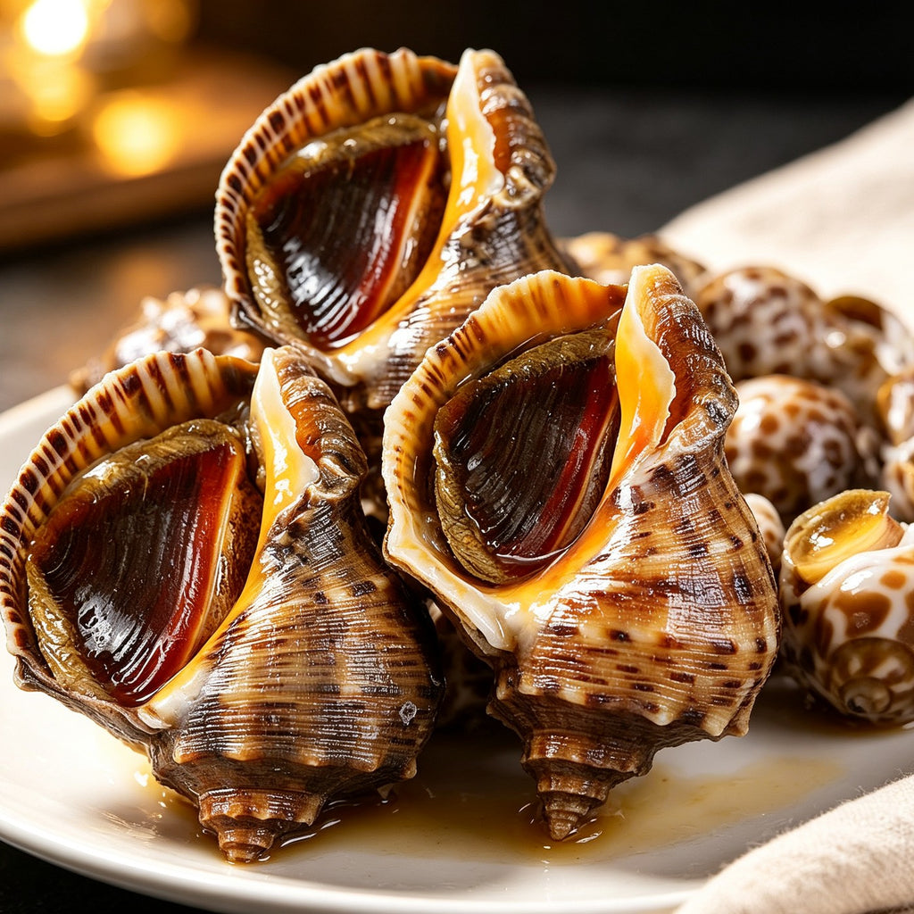 Large spiral sea snail shells arranged on a wooden board