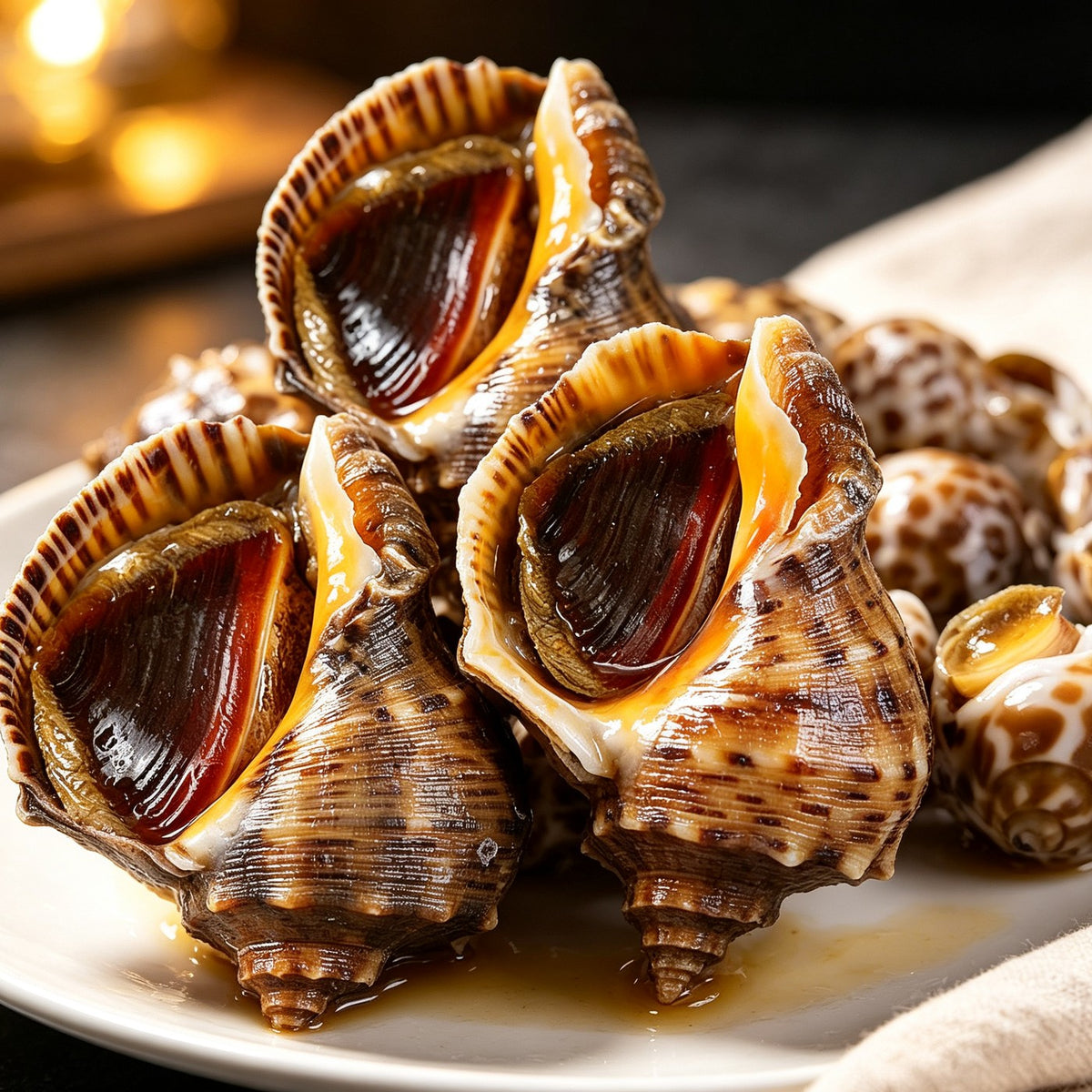 Large spiral sea snail shells arranged on a wooden board