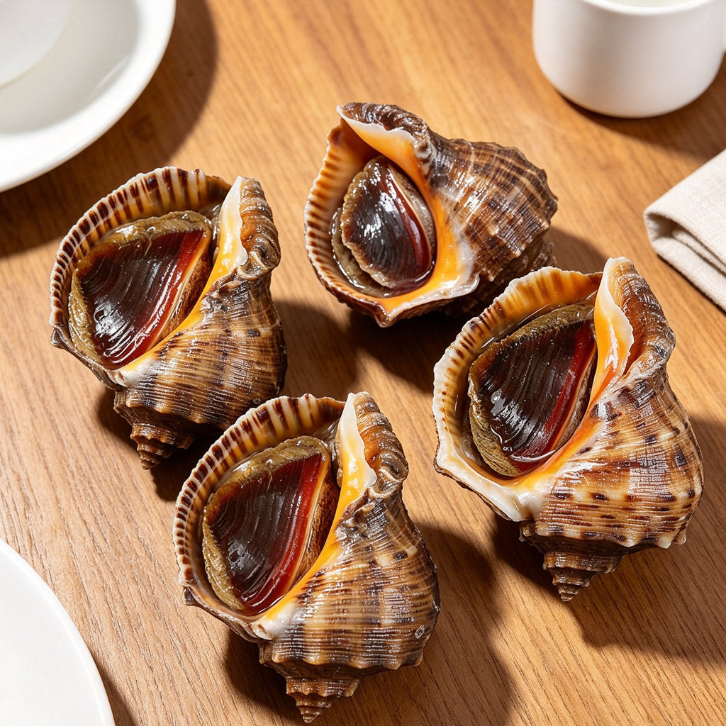 Large spiral sea snail shells arranged on a wooden board