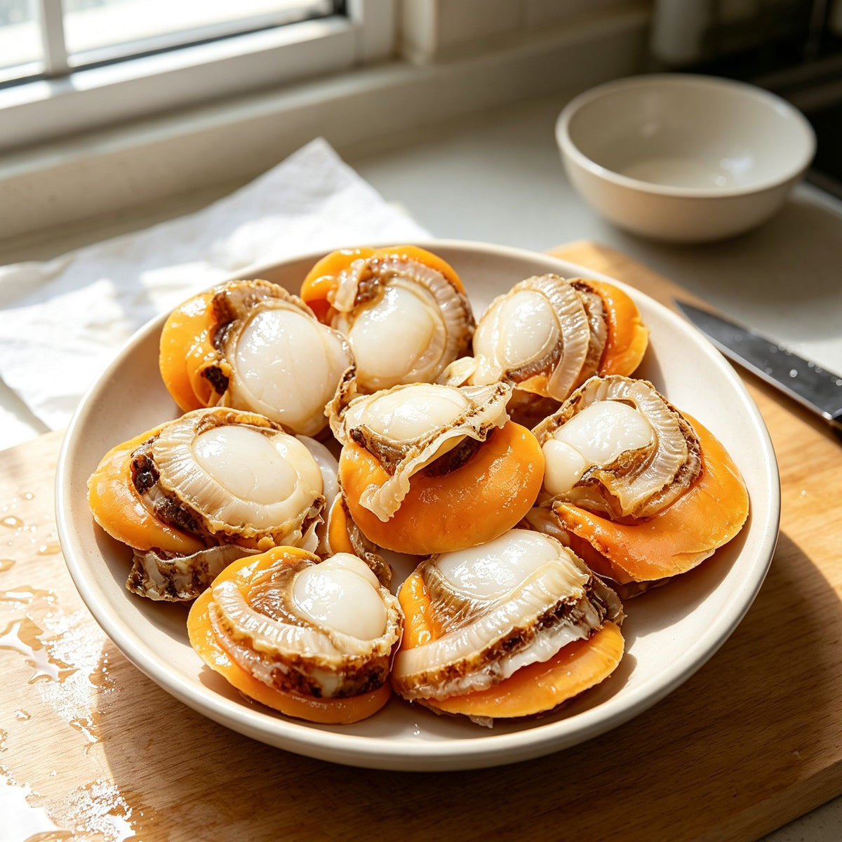 Half-shell scallops with orange roe plated on a white dish