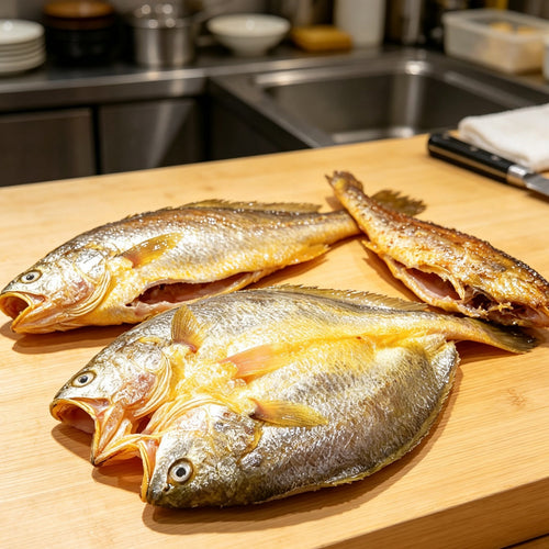 Whole pan-fried yellow croaker with crisp golden skin