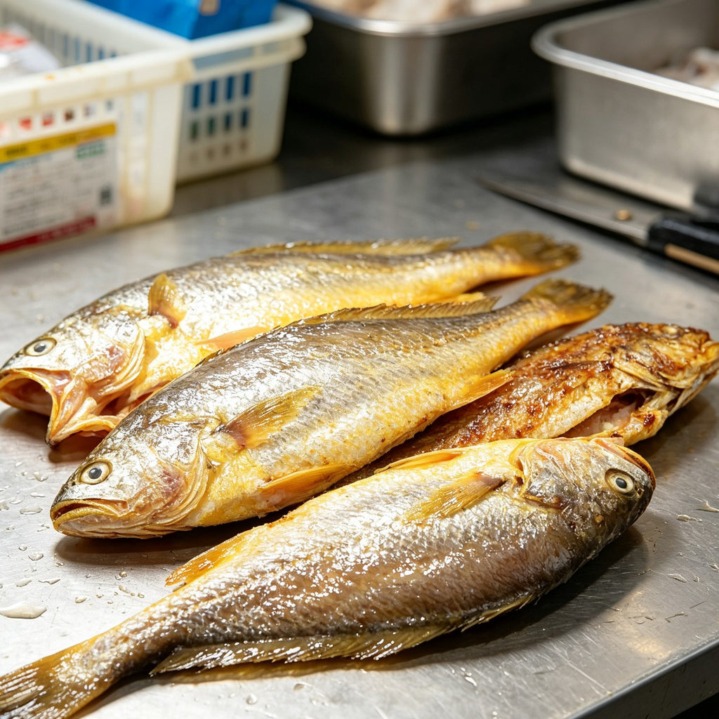 Whole pan-fried yellow croaker with crisp golden skin