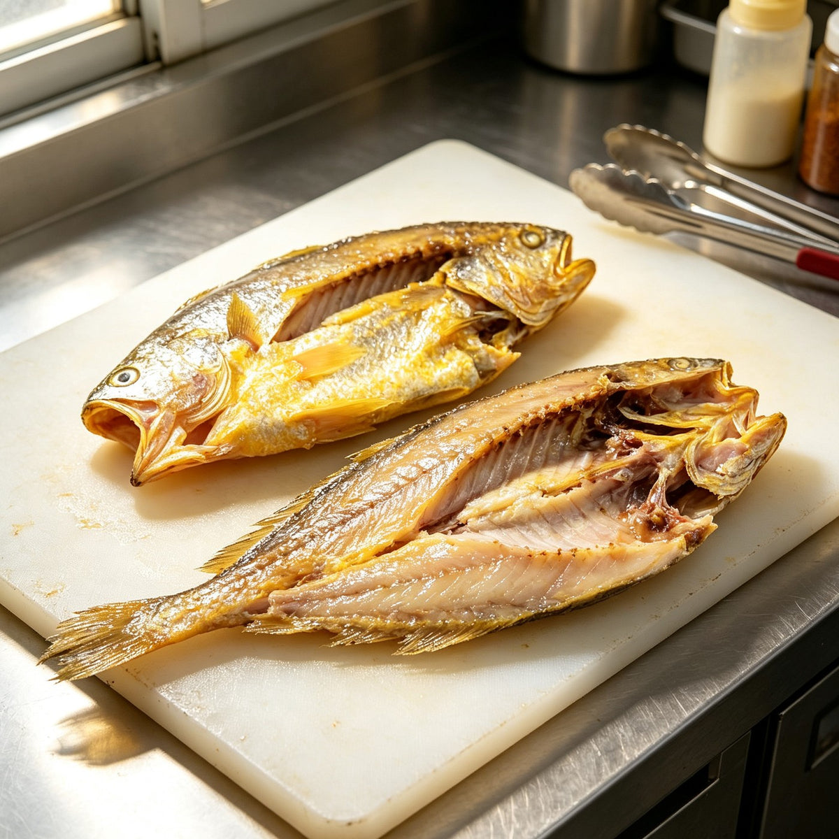 Whole pan-fried yellow croaker with crisp golden skin