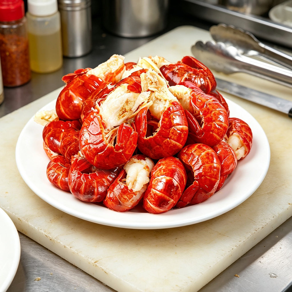 Pile of cooked crawfish in deep red shells on a white plate