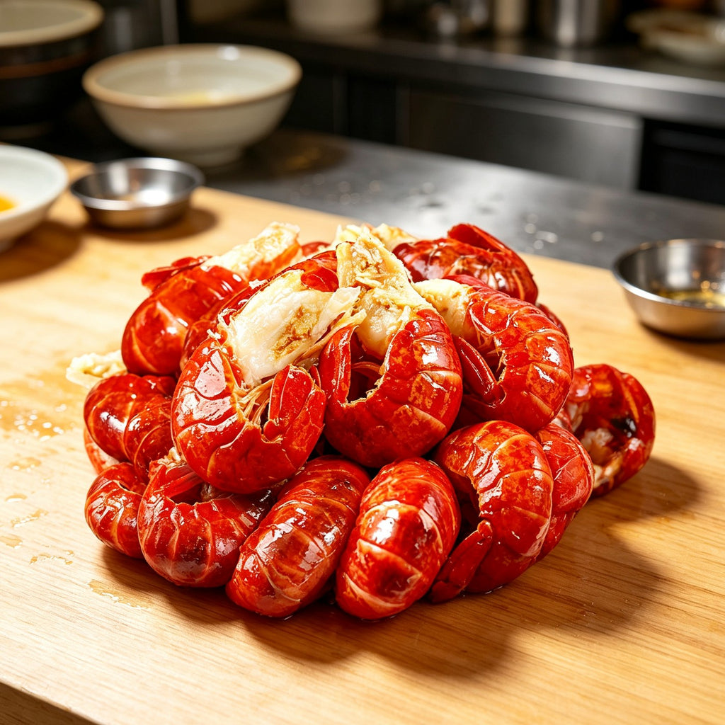 Pile of cooked crawfish in deep red shells on a white plate