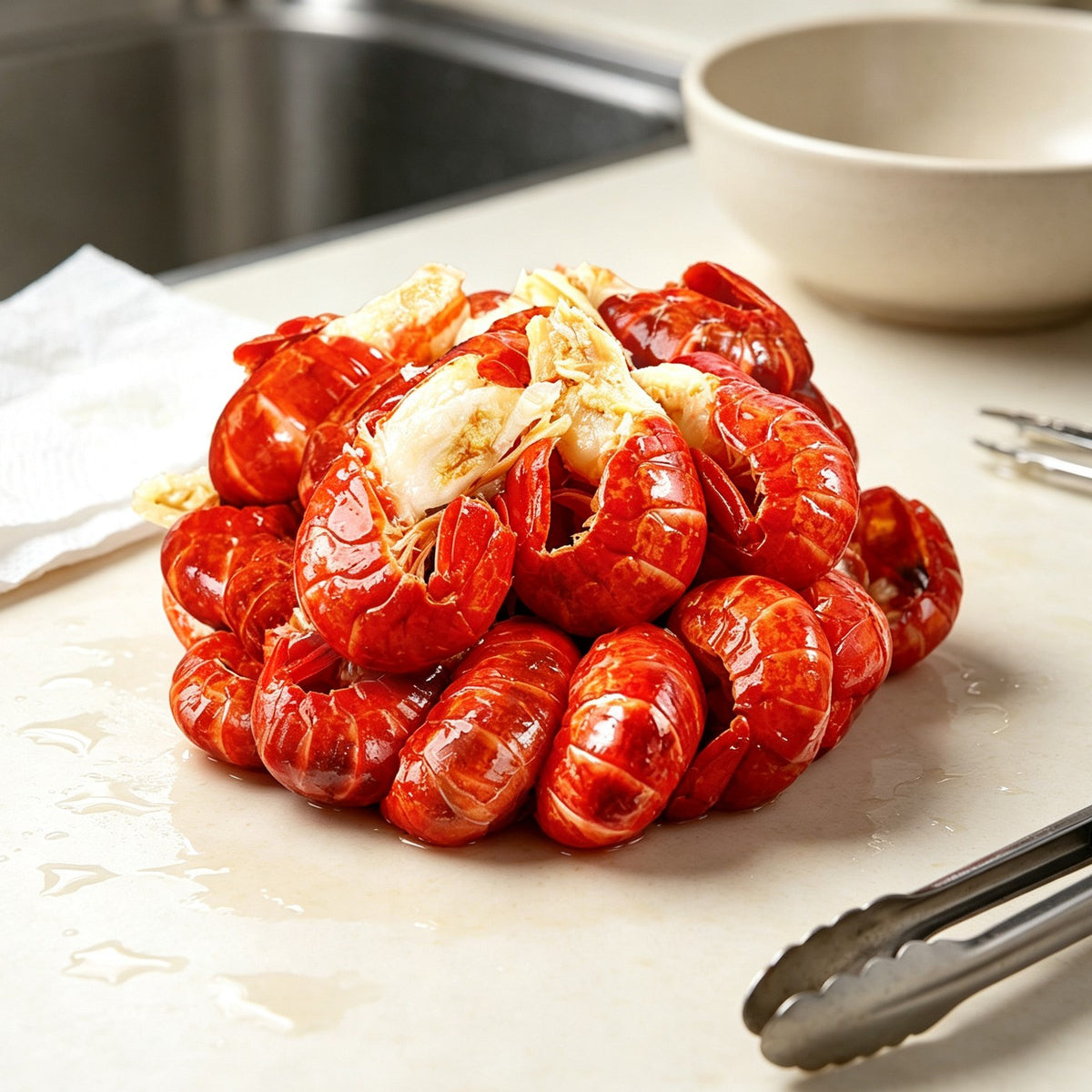 Pile of cooked crawfish in deep red shells on a white plate